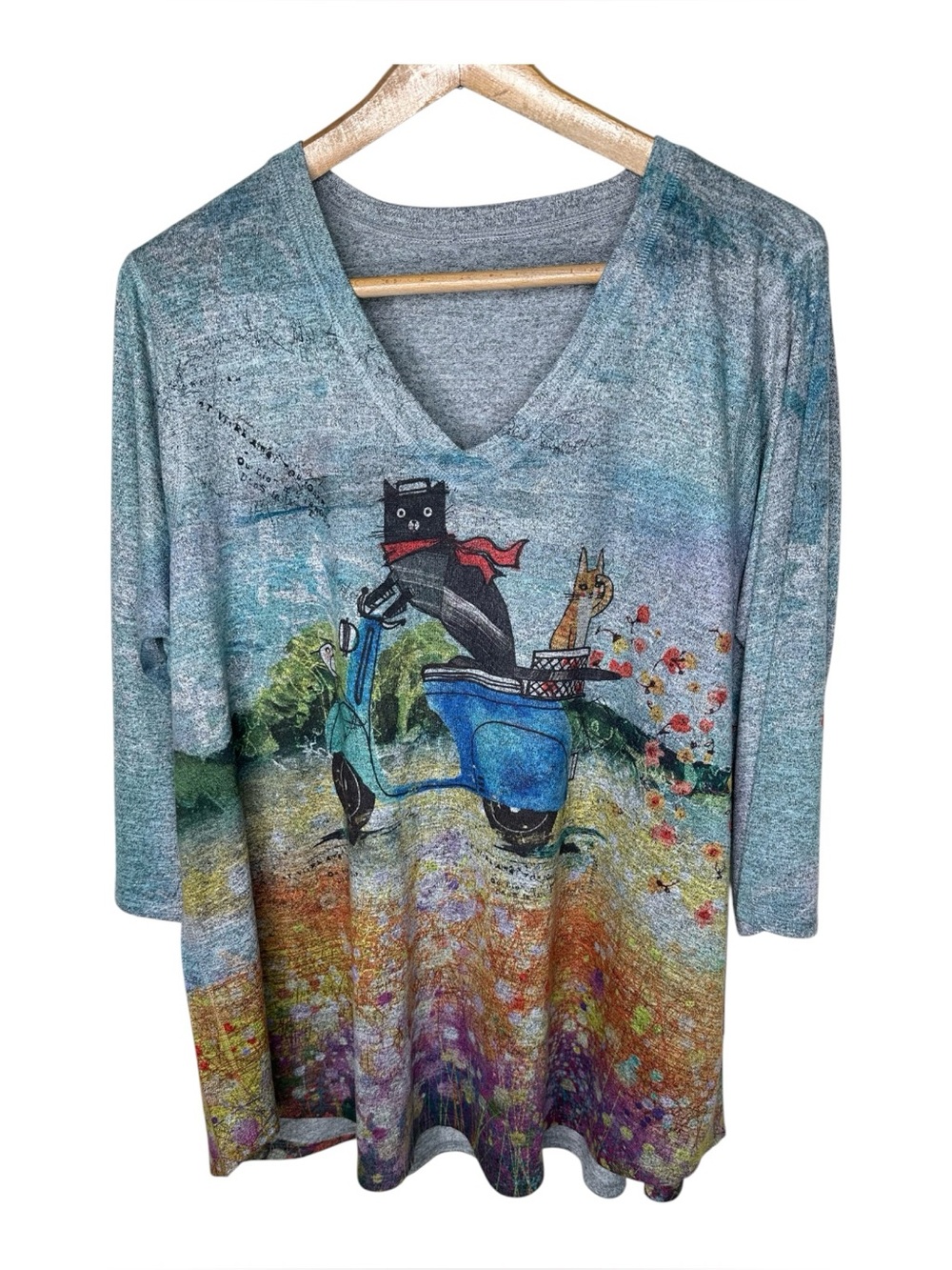 Inoah Tunic Size 3X Cats On Scooter A Ride Home Print 3/4 Sleeves V-neck